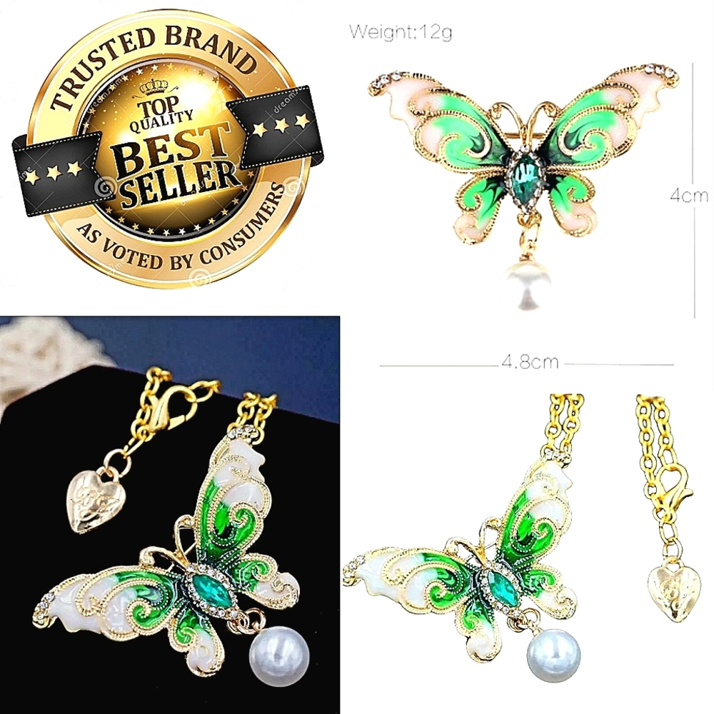 18K gold plated green and white crystal pearl butterfly necklace/brooch